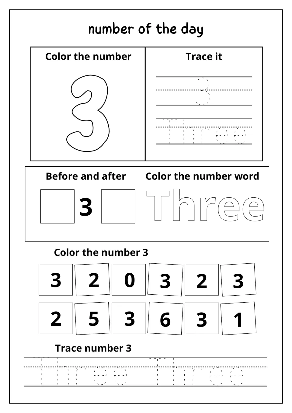 Number of the day, 3: color and trace 3, fill in numbers before and after 3, color the word Three and find 3s among digits