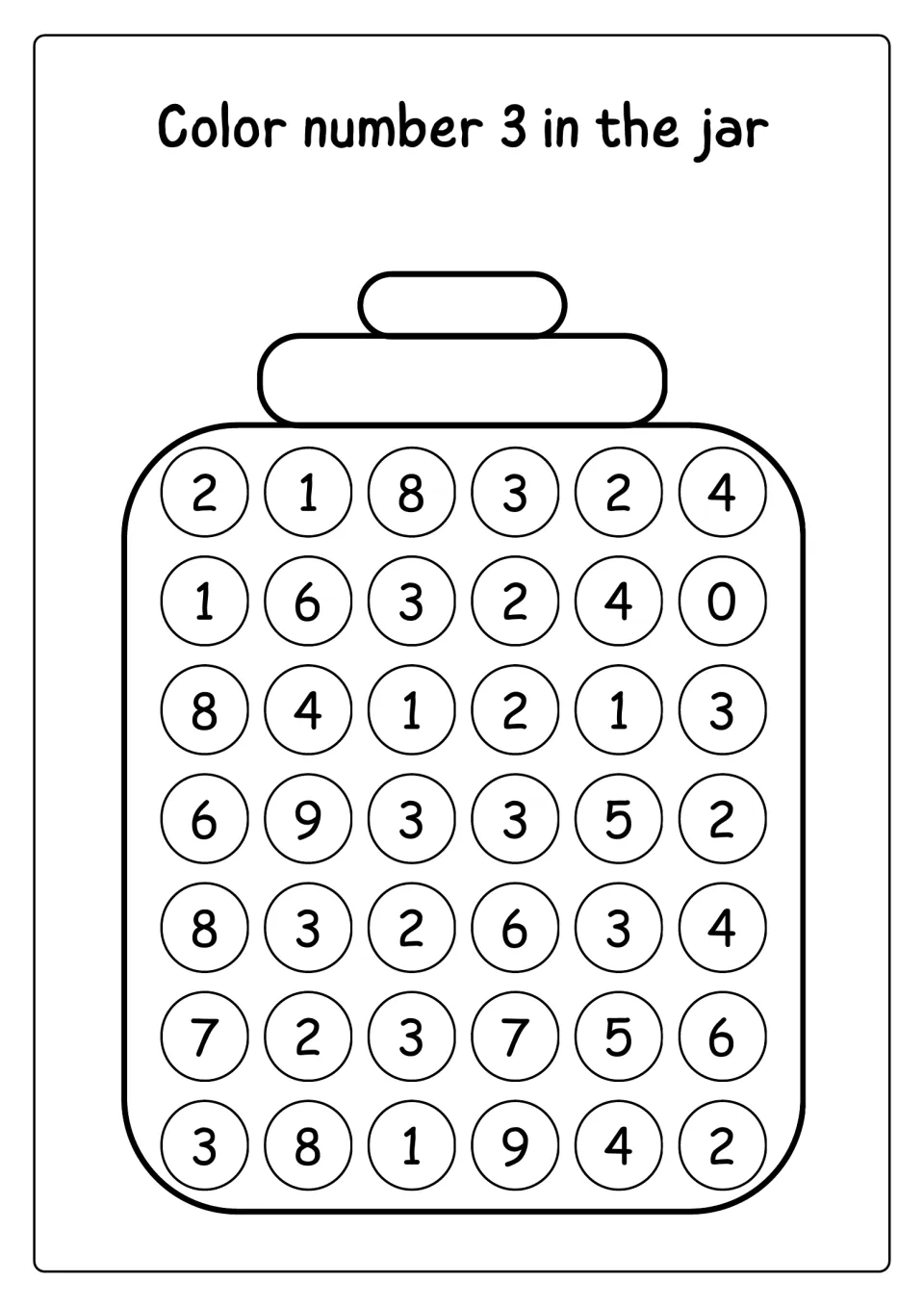 Color number 3 in the jar: students find and color every 3 among 42 numbered circles, practising number recognition