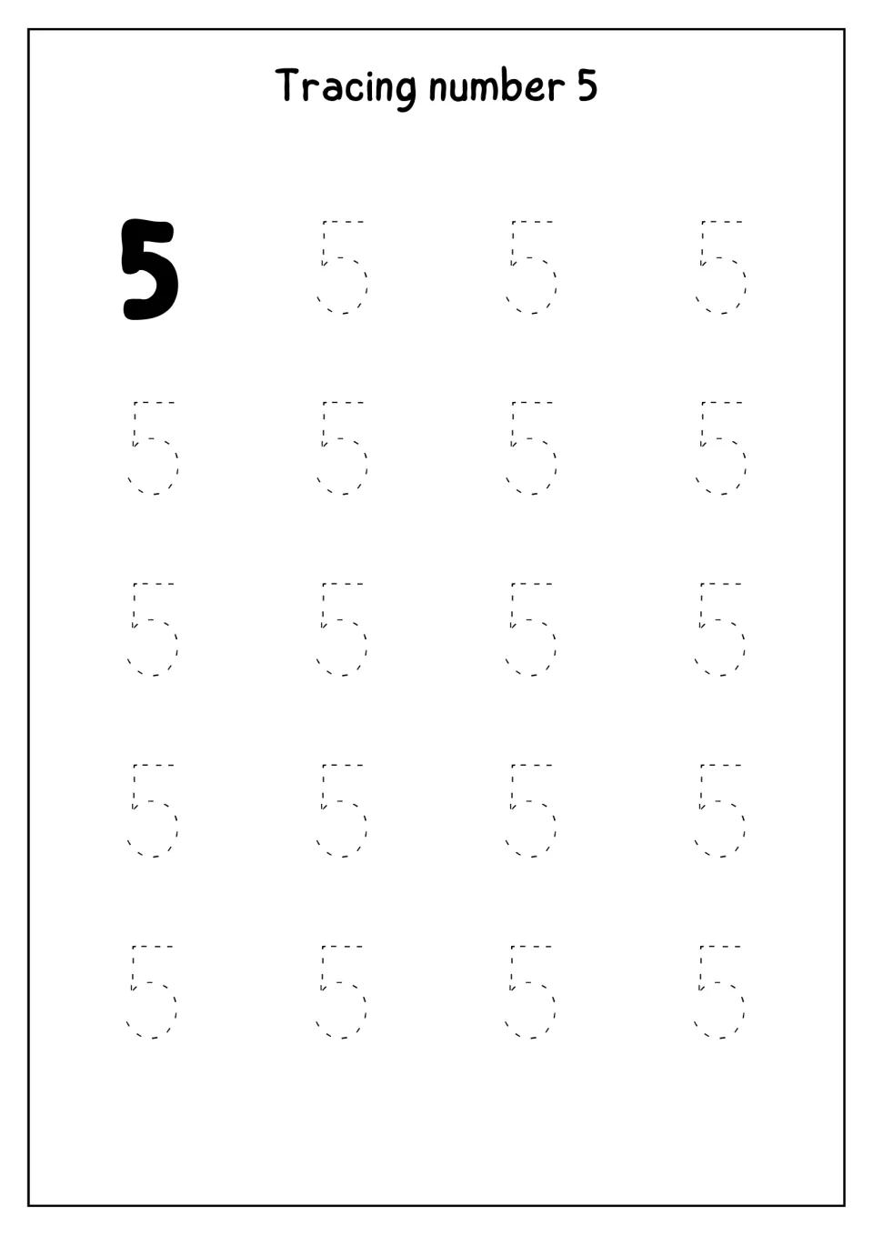 Tracing number 5: a bold model 5 followed by 19 dashed 5s for students to trace, practising correct numeral formation