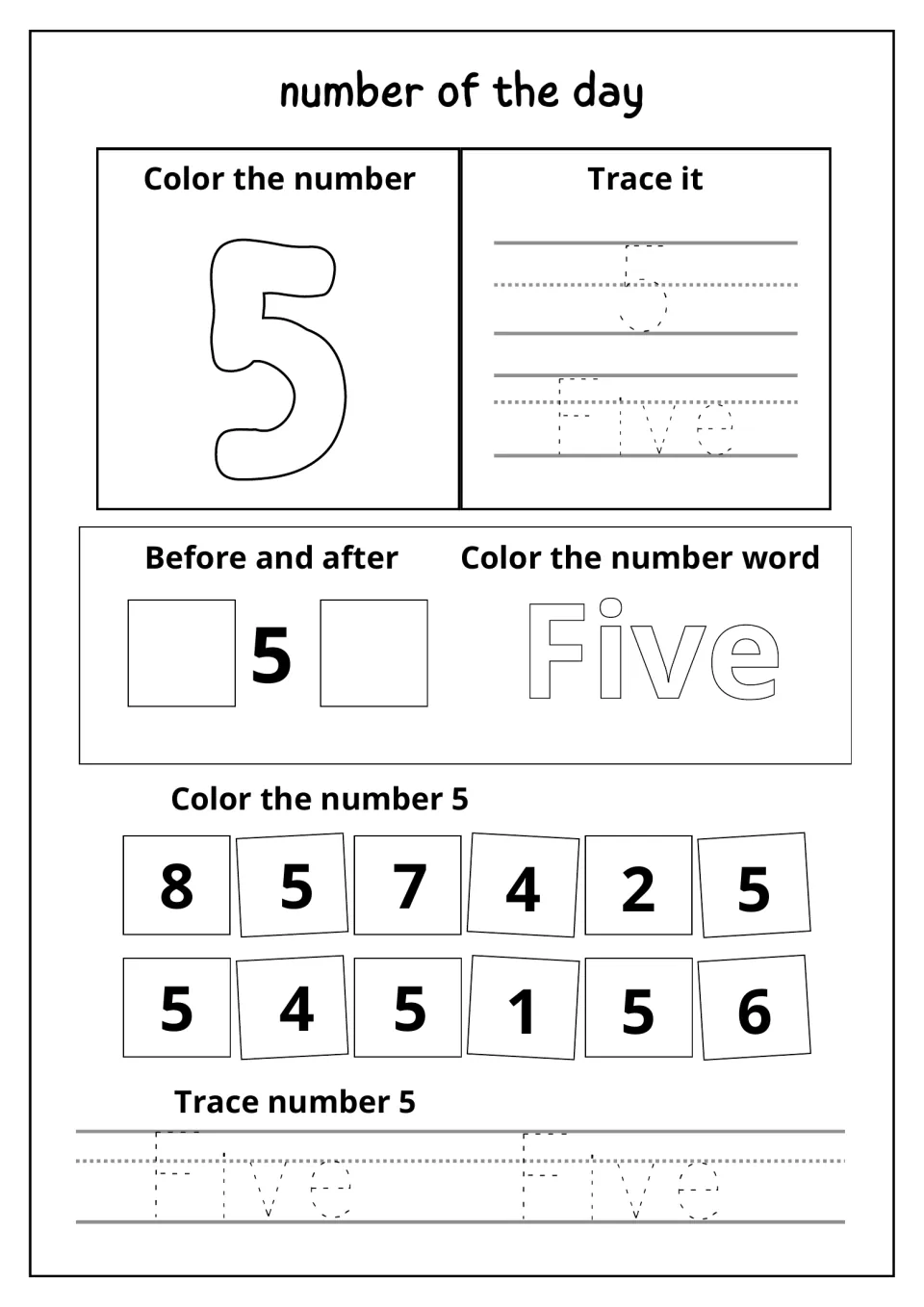 Number 5 review: color a bubble 5, trace 5 and Five, fill in numbers before and after 5, and find and color each 5