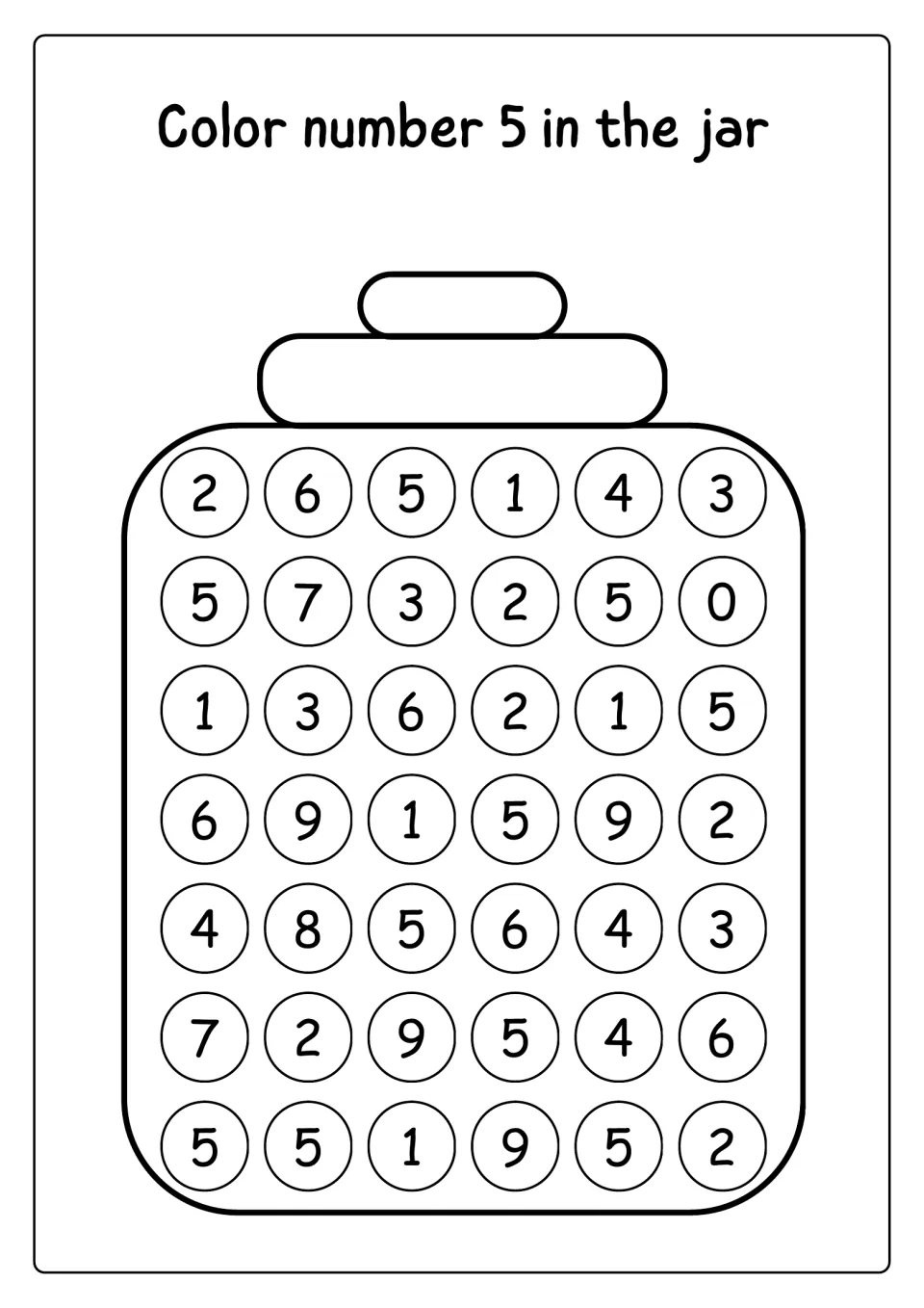 Color number 5 in the jar: students find and color every 5 among mixed numbers 0 to 9 for numeral recognition