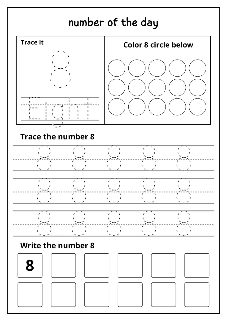 Number 8 of the day: trace 8 and Eight, color 8 of 15 circles, trace rows of 8s, then write the numeral 8 in empty boxes