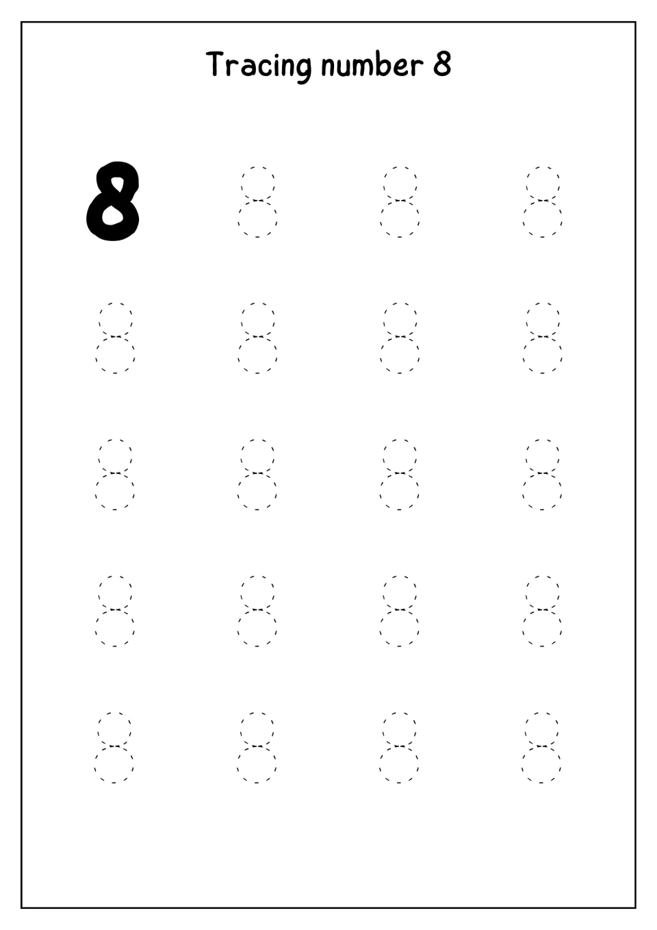 Tracing number 8: a bold model 8 followed by 19 dotted 8s for students to trace, practising numeral formation