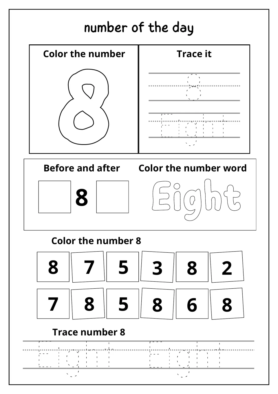 Number 8 review: color a bubble 8, trace 8 and Eight, fill in before and after 8, color the 8s among digits, trace Eight