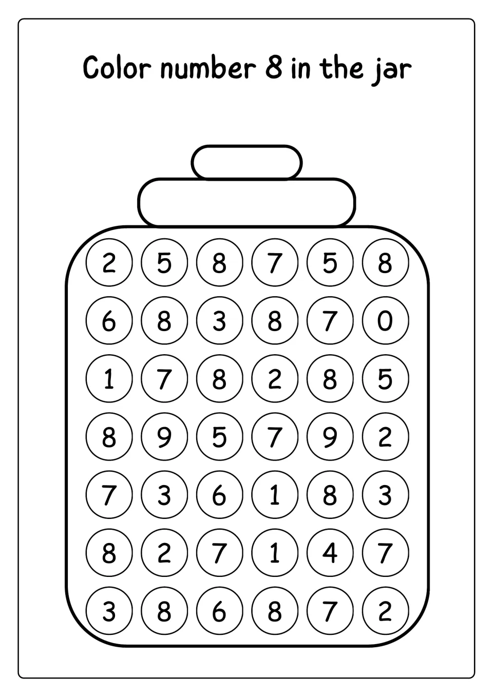 Color number 8 in the jar: students find and color every 8 among numbered circles in a jar, practising numeral recognition