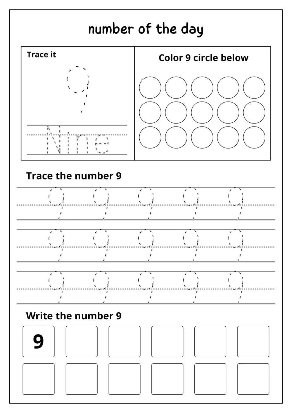 Number 9 practice: students trace 9 and Nine, color 9 of 15 circles to show the amount, trace rows of 9s, then write 9