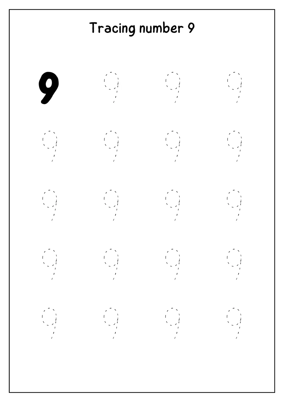 Tracing number 9: students start from a bold model 9, then trace 19 dotted 9s to practise forming the numeral