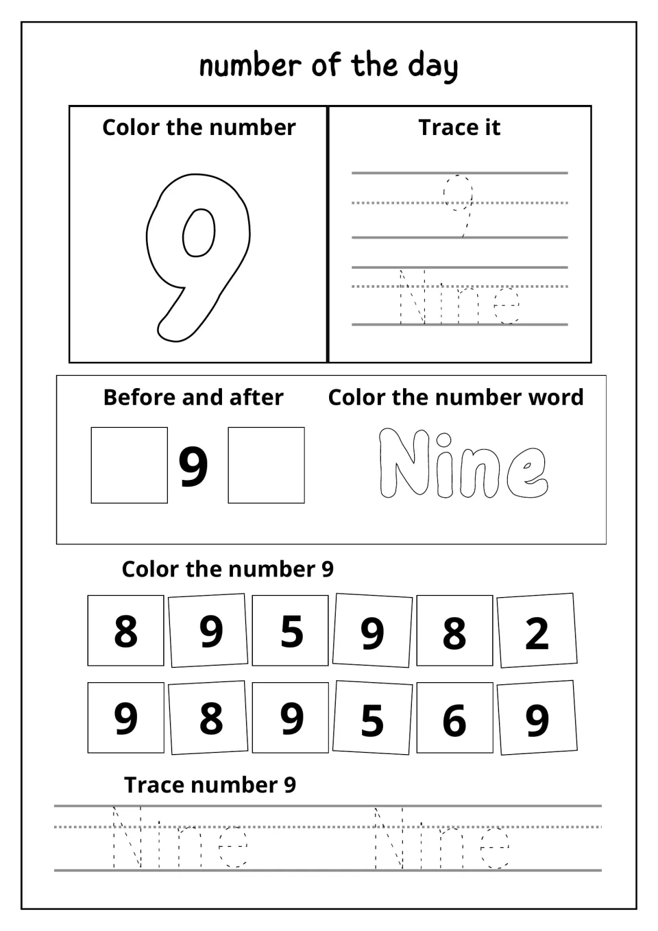 Number of the day review: students color 9 and Nine, fill in numbers before and after 9, find 9s among digits, trace Nine