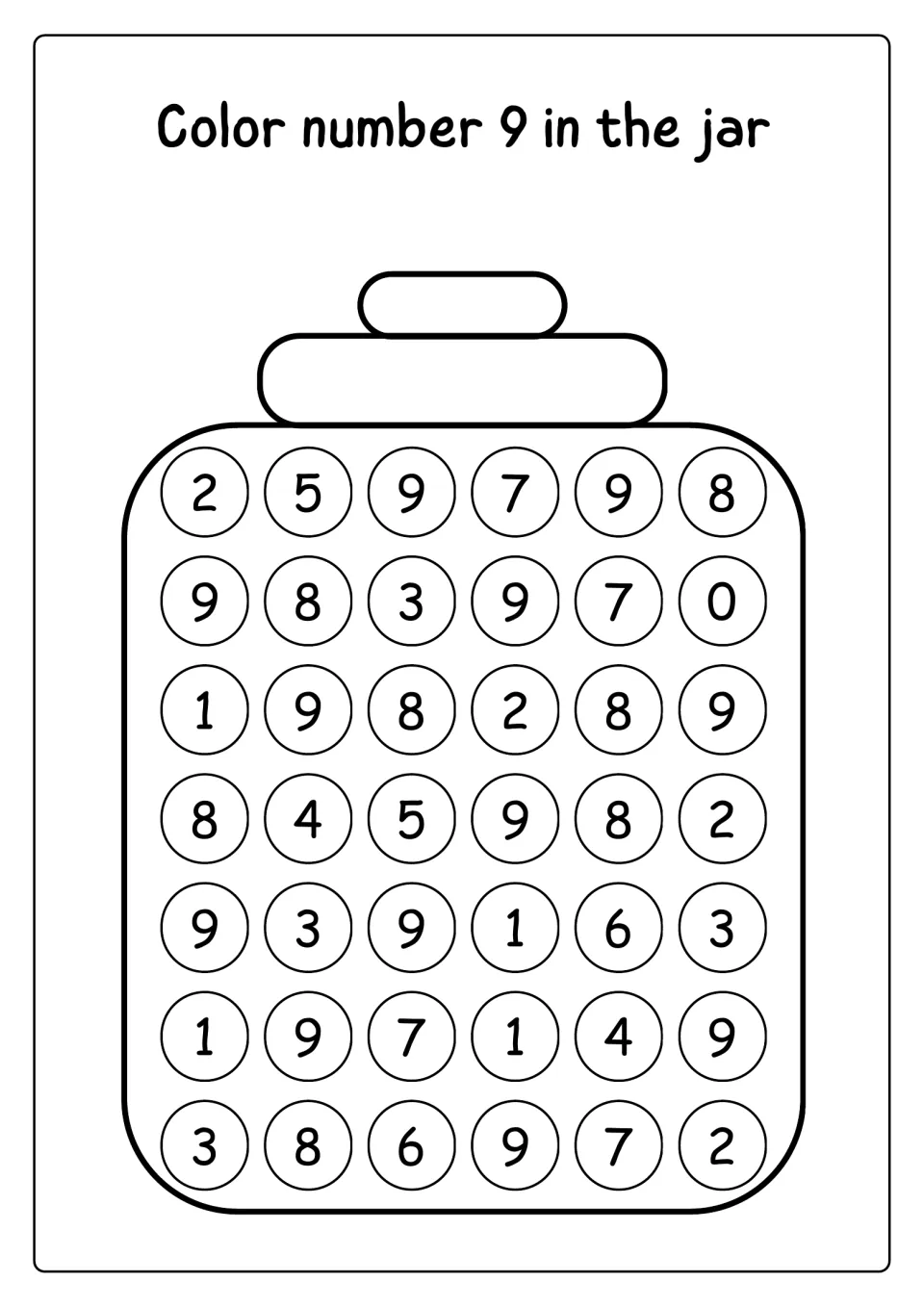Color number 9 in the jar: students find and color every 9 among circled digits 0 to 9 for numeral recognition