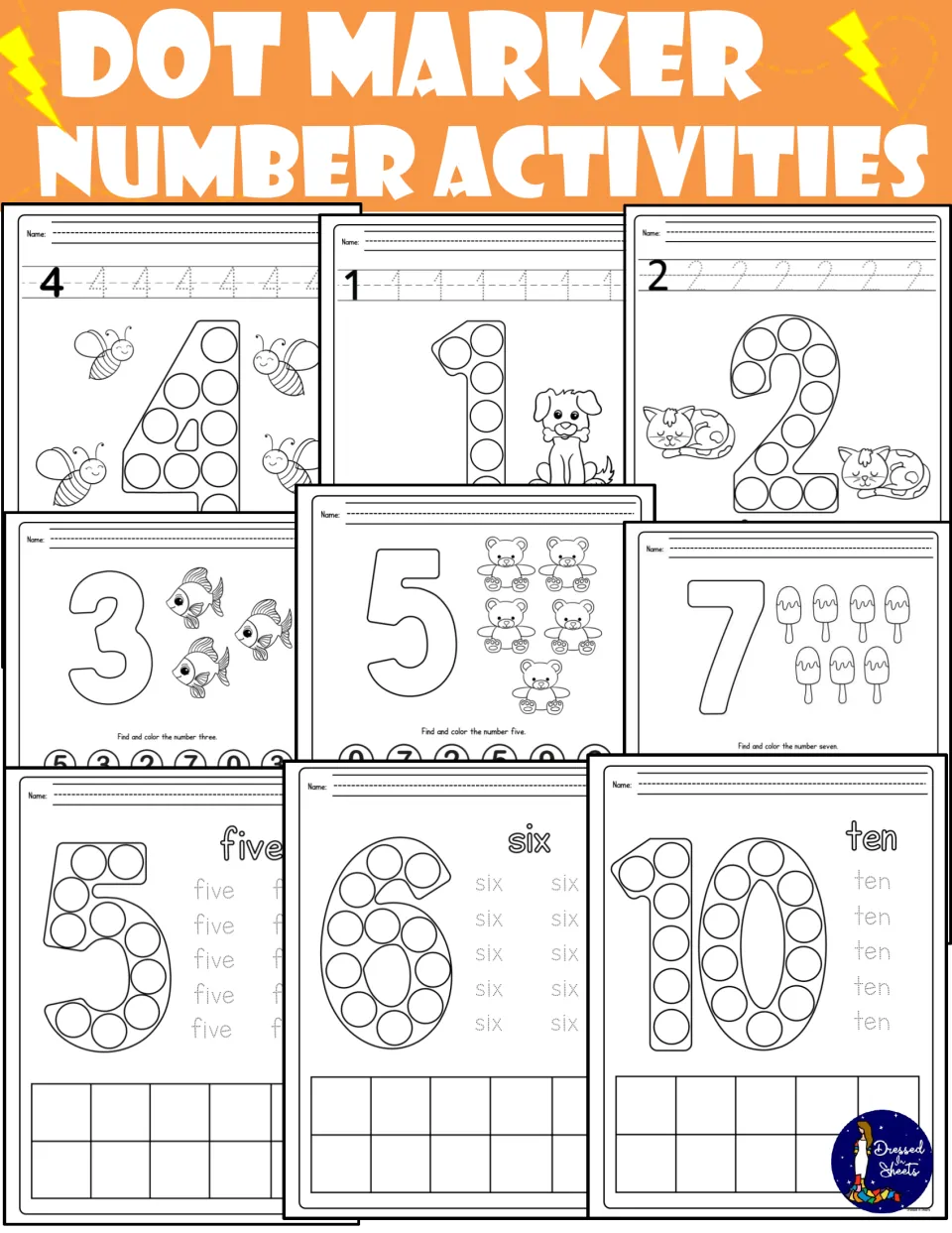 Dot Marker Number Activities cover showing sample pages for numbers 0 to 10: dot-filled numerals, tracing and number hunts