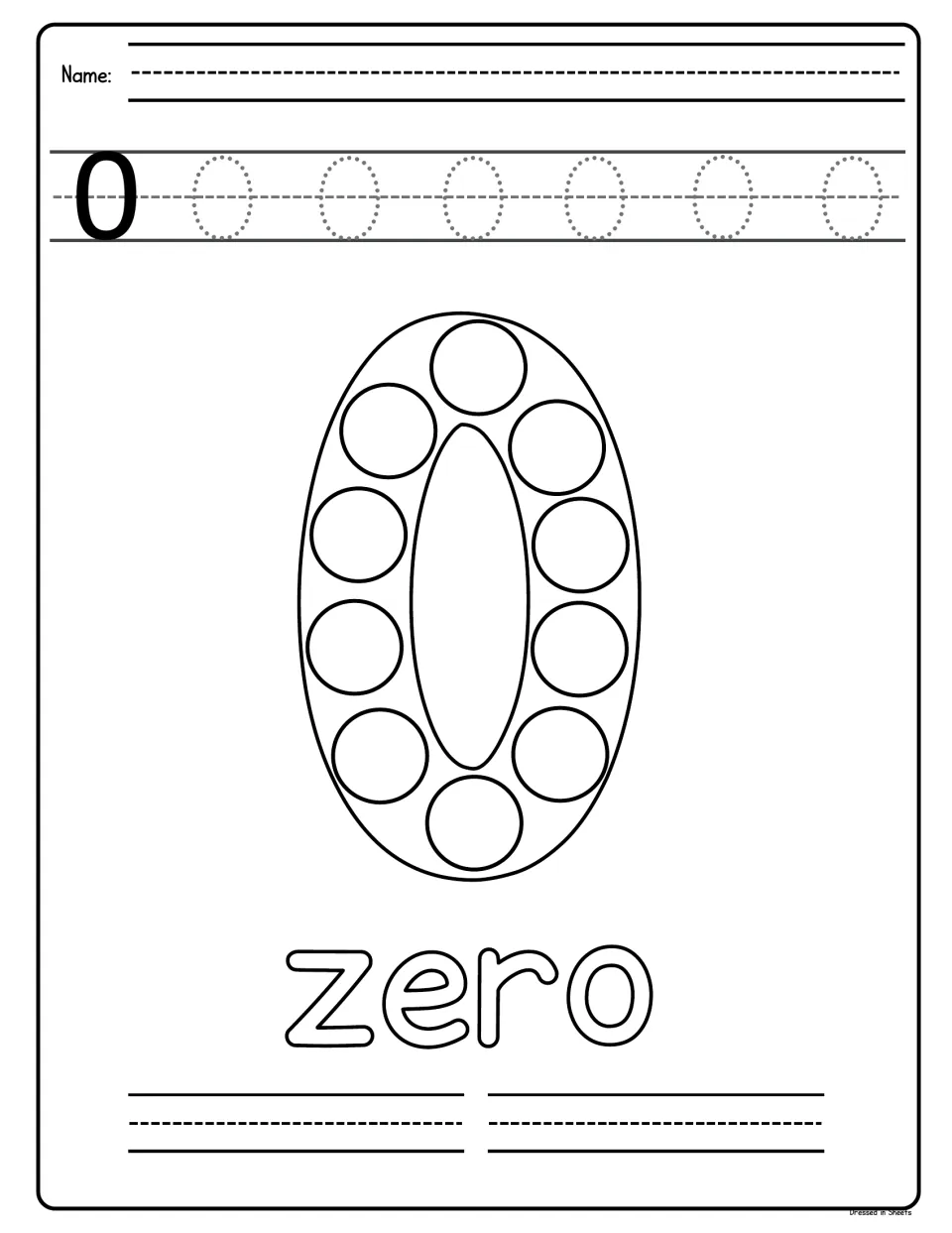 Number 0: students trace a row of zeros, dot each circle inside a large 0 and trace the outlined word zero on writing lines