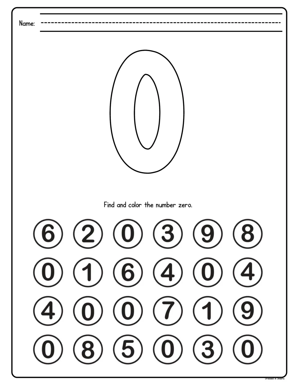 Number zero hunt: students color a large outlined 0, then find and color every 0 among 24 circled numbers from 0 to 9