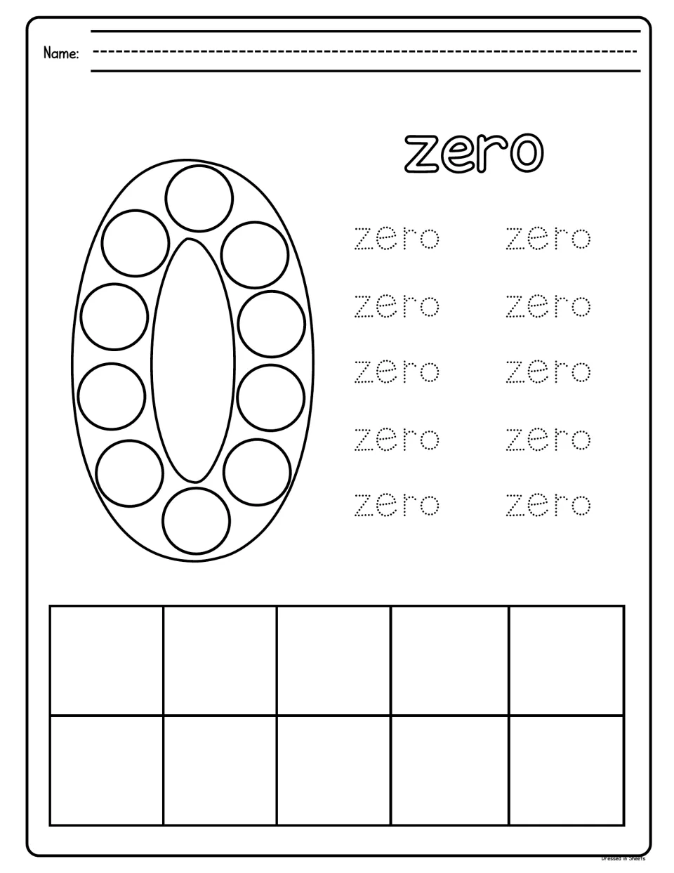Number word zero: students dot a large 0, trace the word zero ten times and use the ten frame below to show the amount