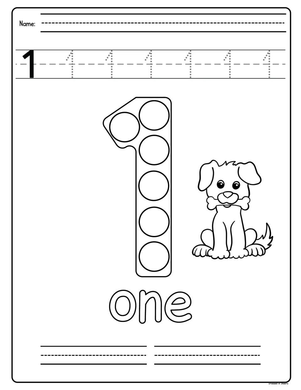 Number 1: students trace a row of ones, dot the circles in a large 1 beside a puppy and trace the outlined word one