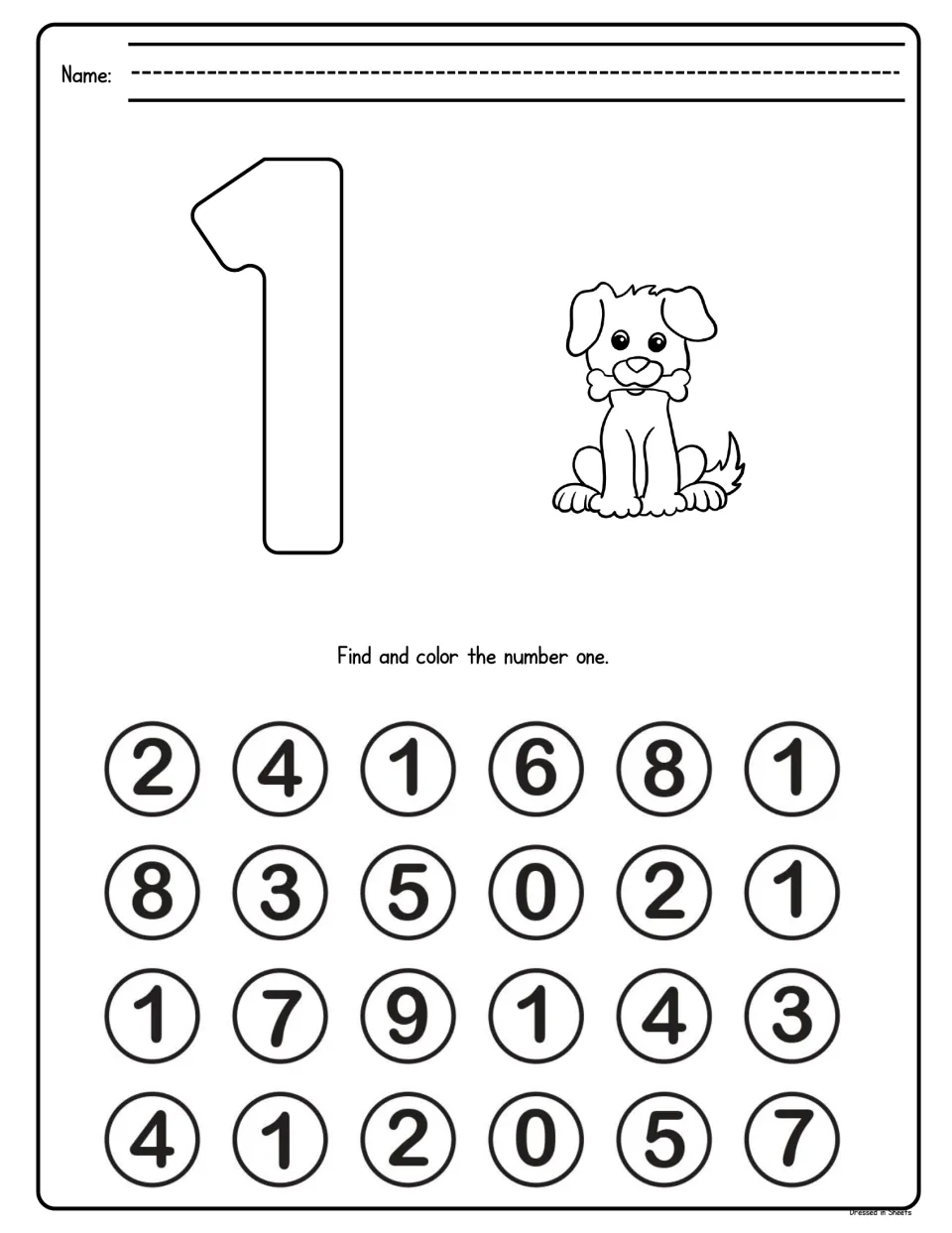 Number one hunt: students color a big outlined 1 and a puppy, then find and color each 1 among 24 circled digits