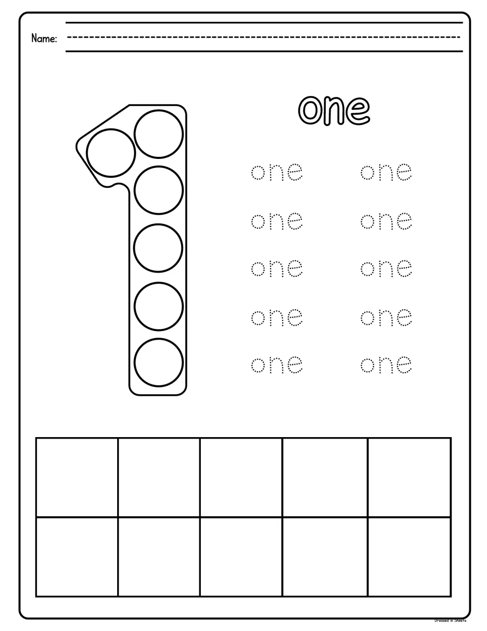 Number word one: students dot the circles in a large 1, trace the word one ten times and show one in the ten frame