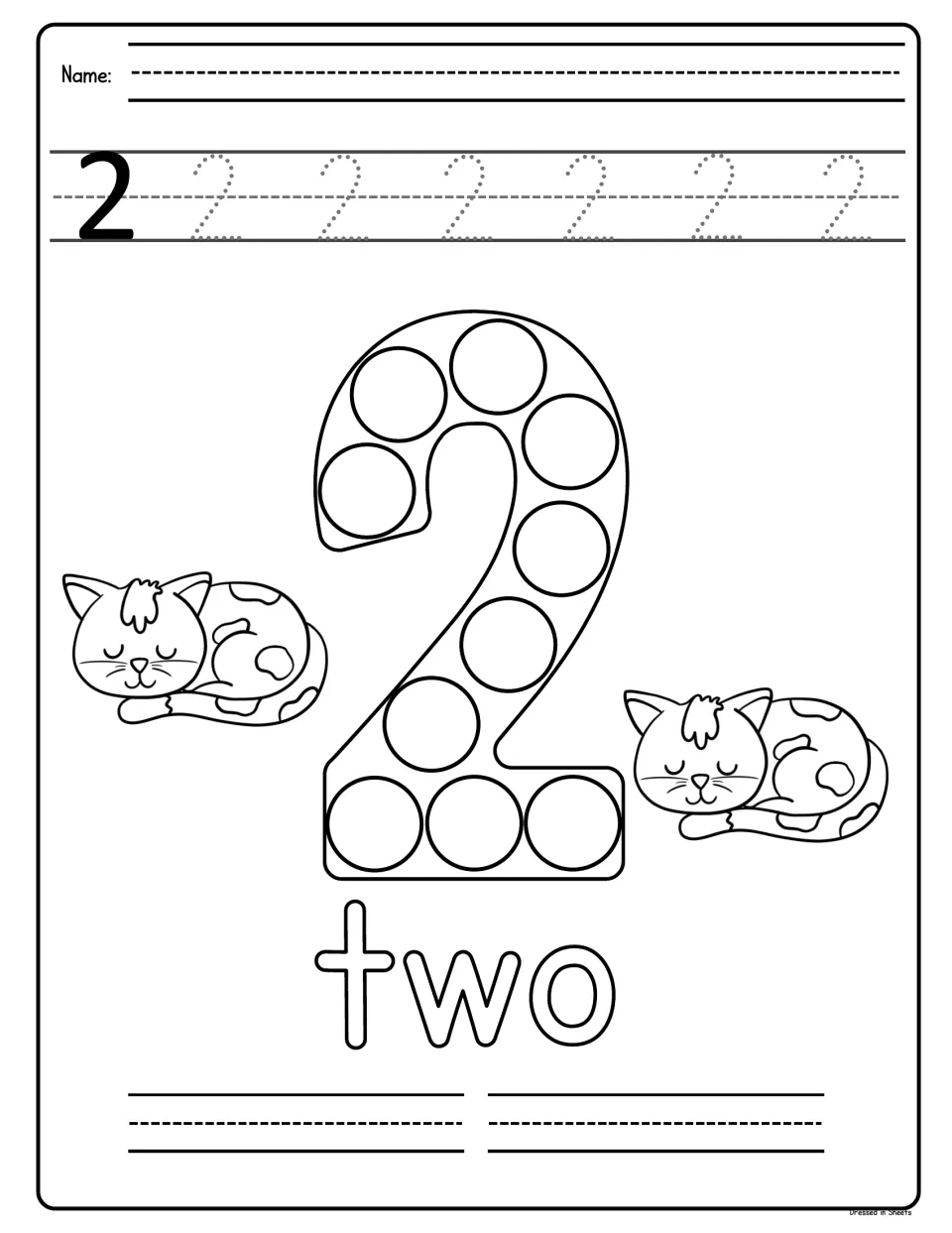 Number 2: students trace a row of twos, dot each circle in a large 2 between two sleeping cats and trace the word two