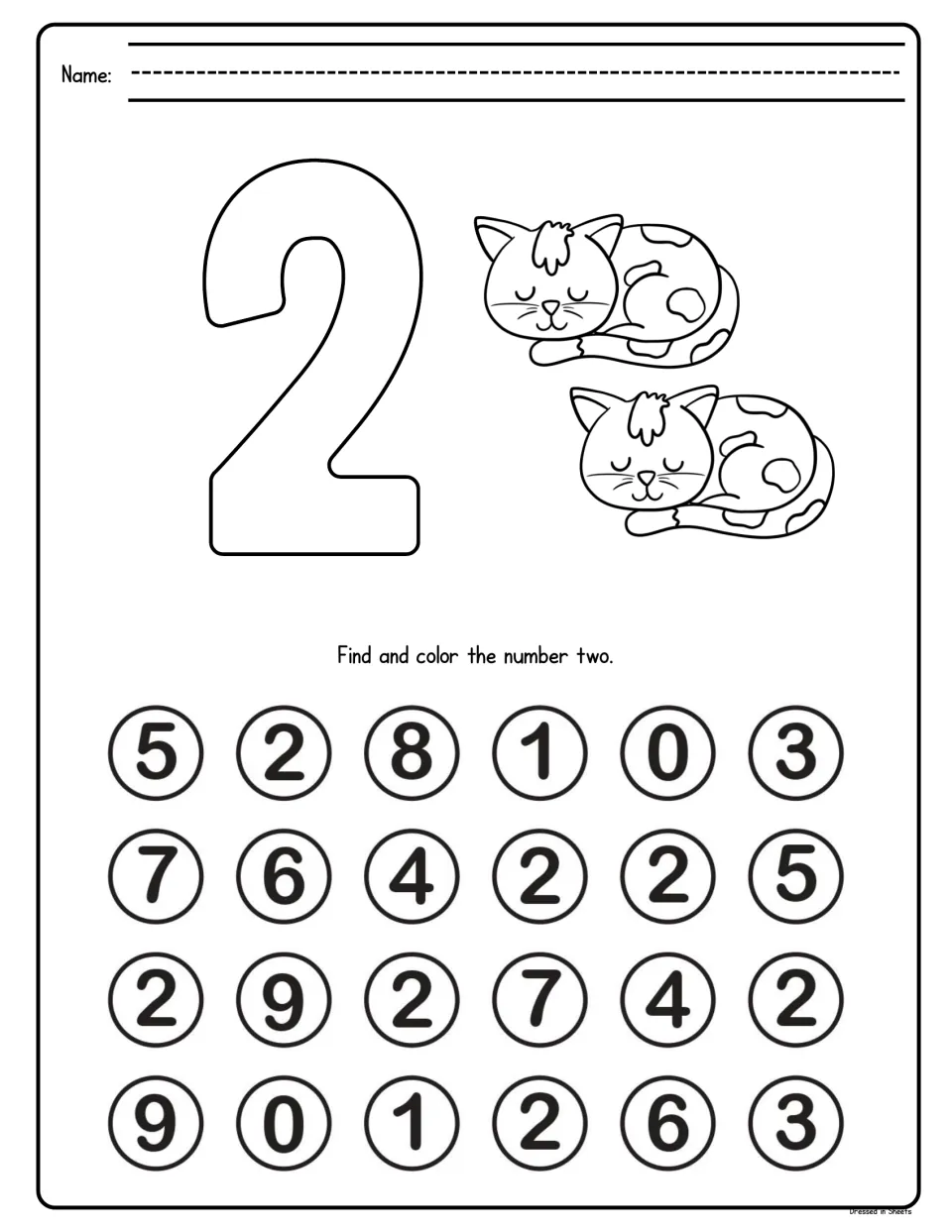 Number two hunt: students color an outlined 2 and two cats, then find and color every 2 among 24 circled numbers