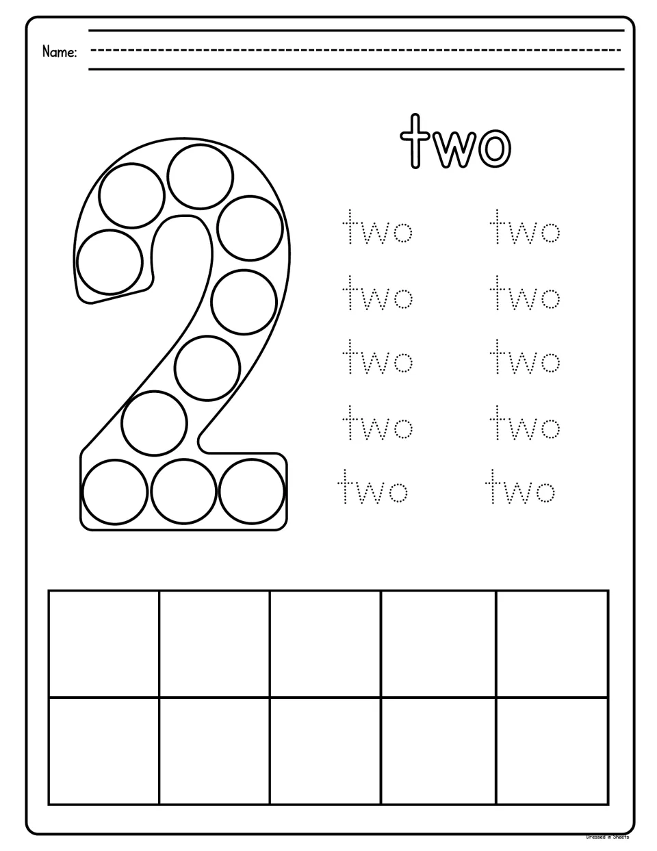 Number word two: students dot the circles in a large 2, trace the word two ten times and fill the ten frame to show two