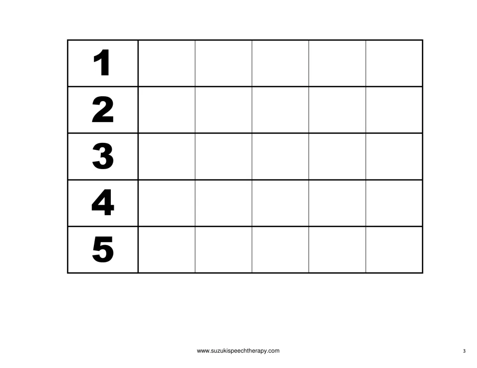 Counting board numbered 1 to 5: students say each number and place that many fruit picture cards in its row
