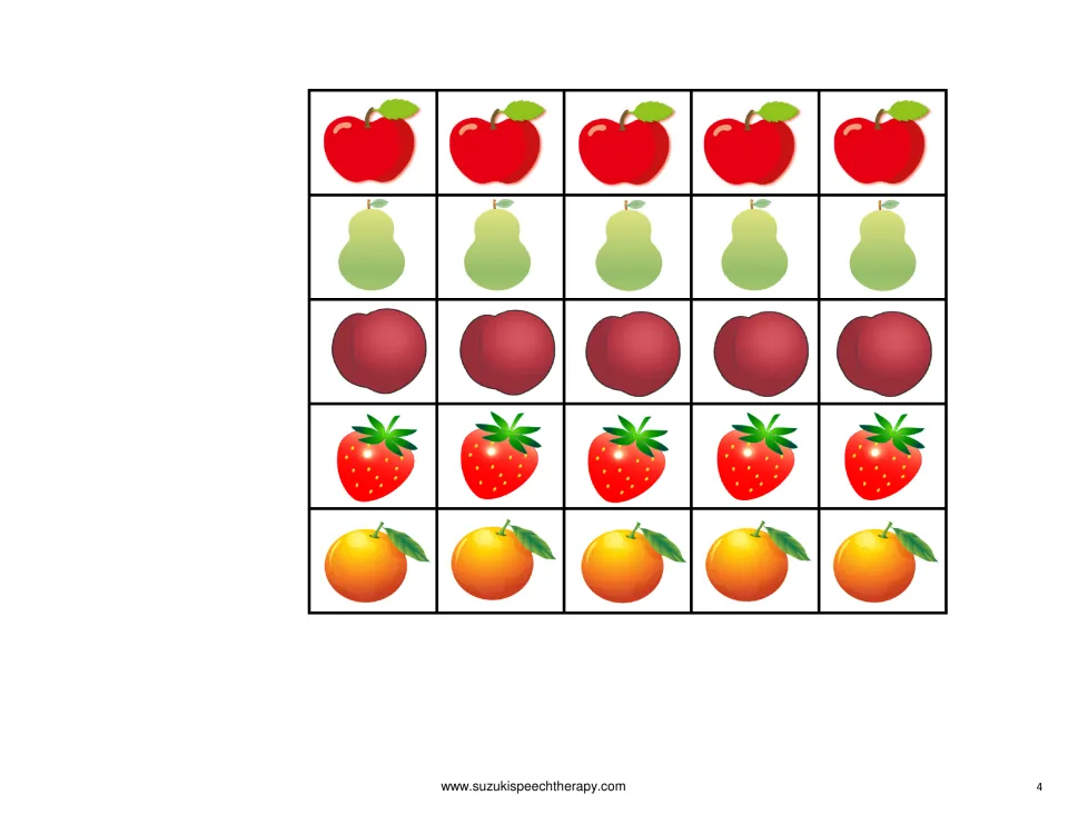 Fruit picture cards to cut out: five each of apples, pears, plums, strawberries and oranges for the counting board