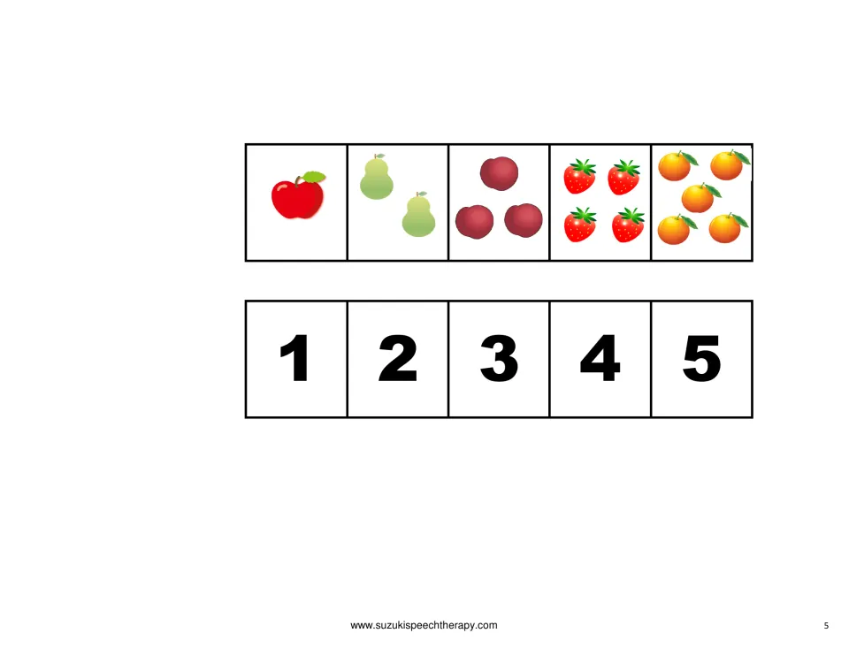 Number matching cards: numerals 1 to 5 and fruit sets from one apple to five oranges; students pair number and set