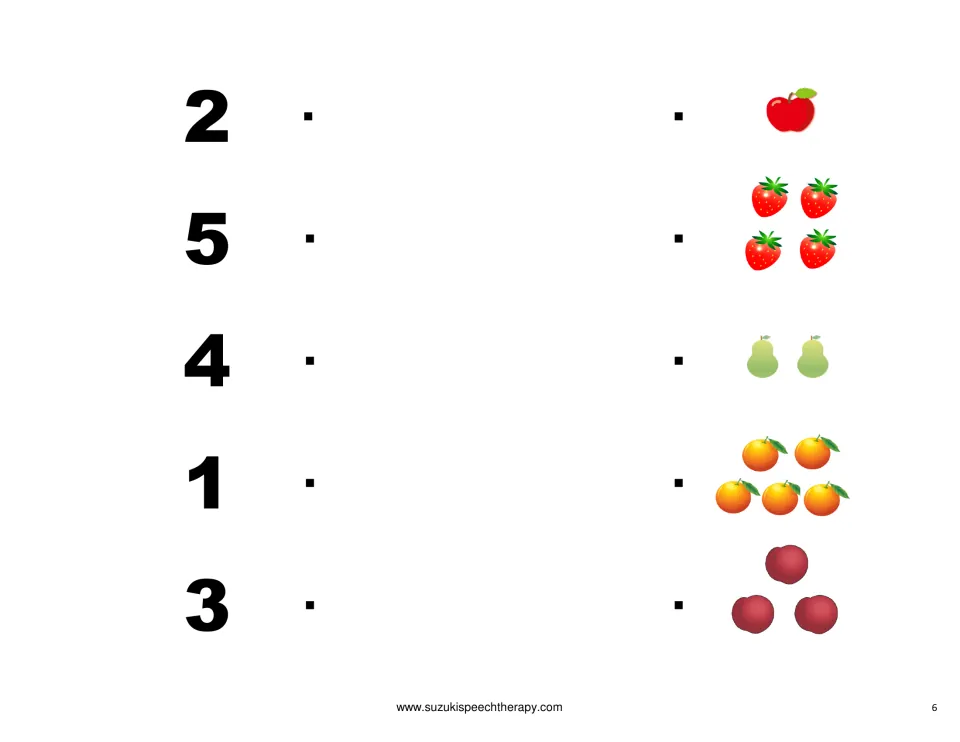 Numeral-to-quantity matching: students draw a line from each number 1 to 5 to the fruit group with that many