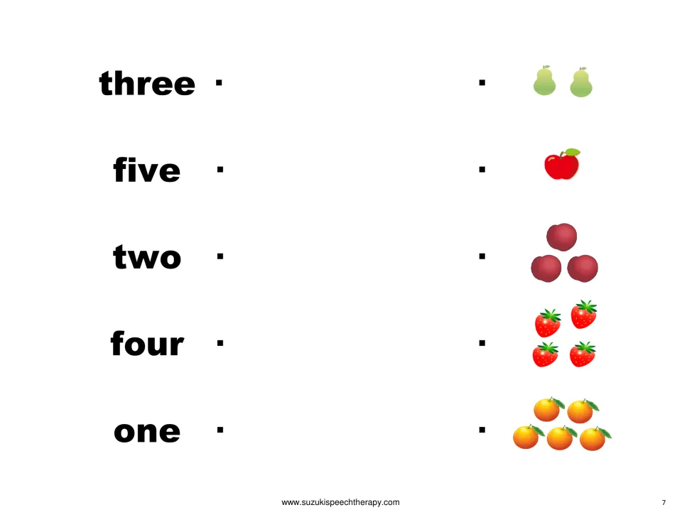 Number word matching: students draw a line from one, two, three, four and five to the fruit group of that size