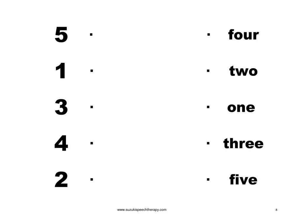 Numeral and number word matching: students draw a line from each digit 1 to 5 to its written word, such as 3 to three