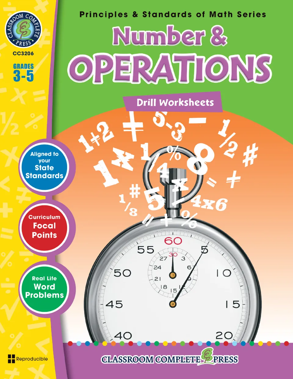 Cover of Number & Operations Drill Worksheets, Grades 3-5, showing a stopwatch with numbers and math symbols above it