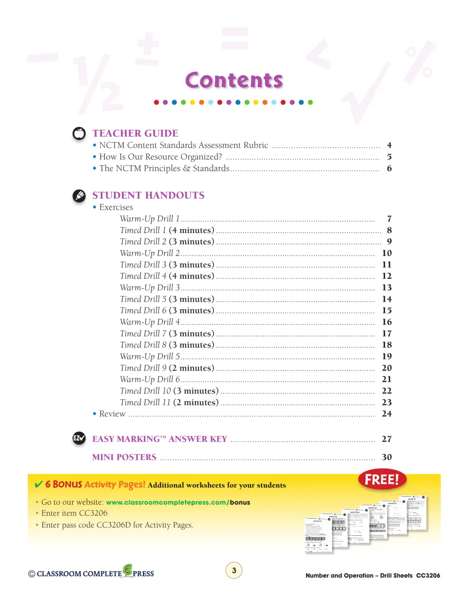 Contents: teacher guide, 6 warm-up drills, 11 timed drills with time limits, review sheets, answer key and mini posters