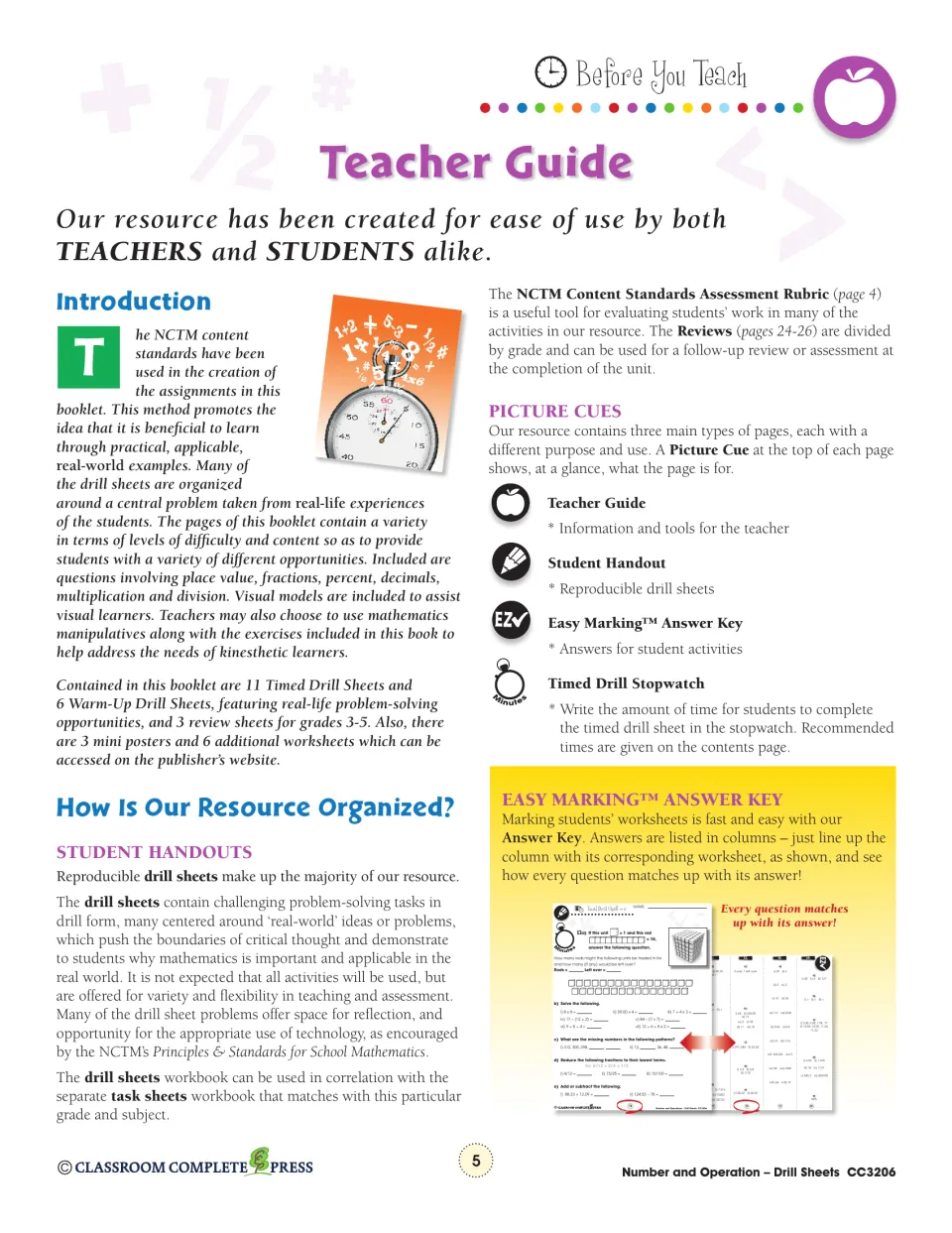Teacher guide explaining the drill sheets, picture cues, the timed drill stopwatch and the Easy Marking answer key