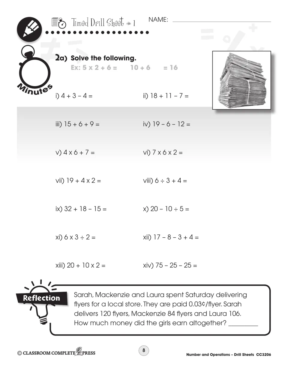 Timed Drill Sheet 1: students solve 14 order of operations expressions, then a word problem on pay for delivering flyers