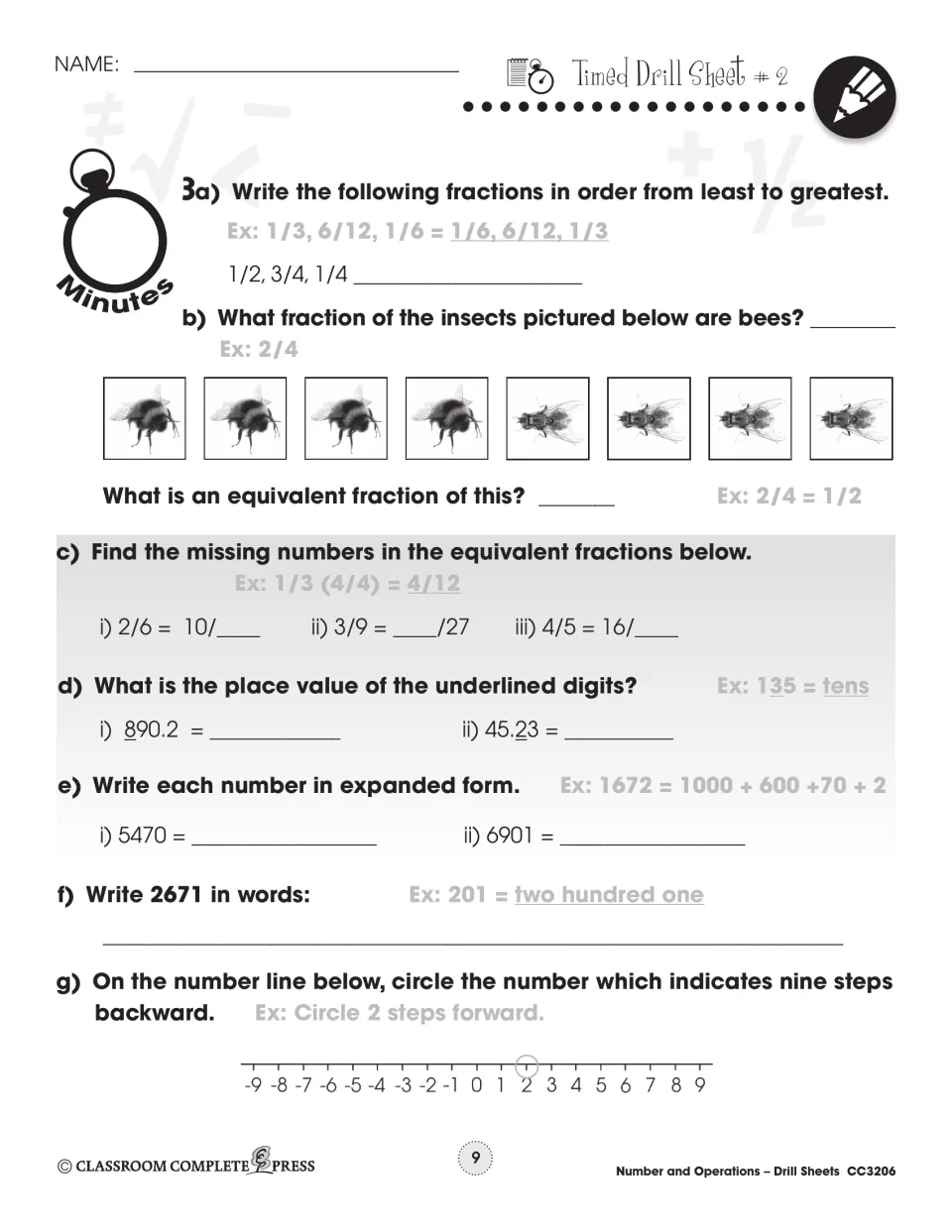 Timed Drill Sheet 2: order and find equivalent fractions, name place value, write expanded form and step on a number line