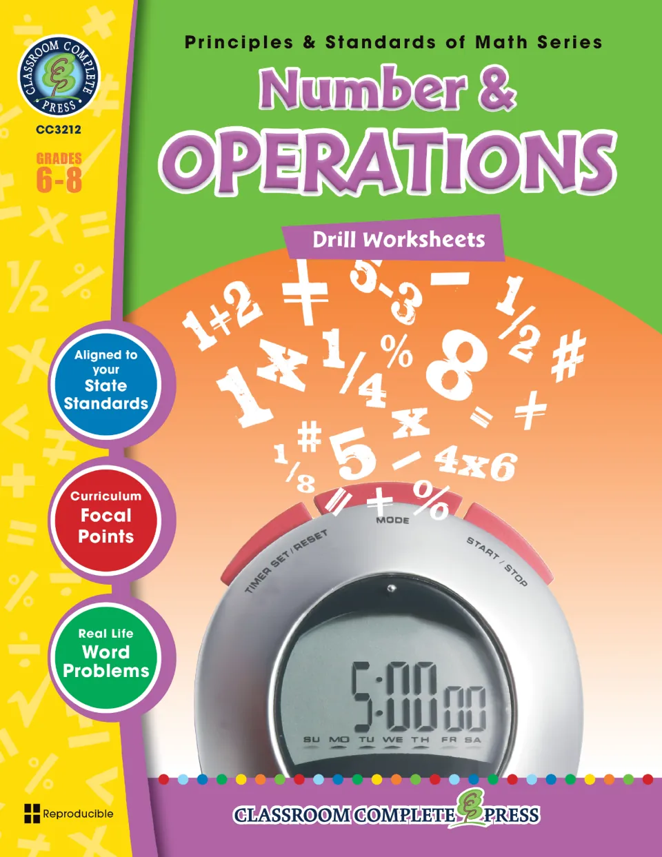 Number & Operations Drill Worksheets cover, grades 6–8, with a stopwatch reading 5:00 and flying math symbols