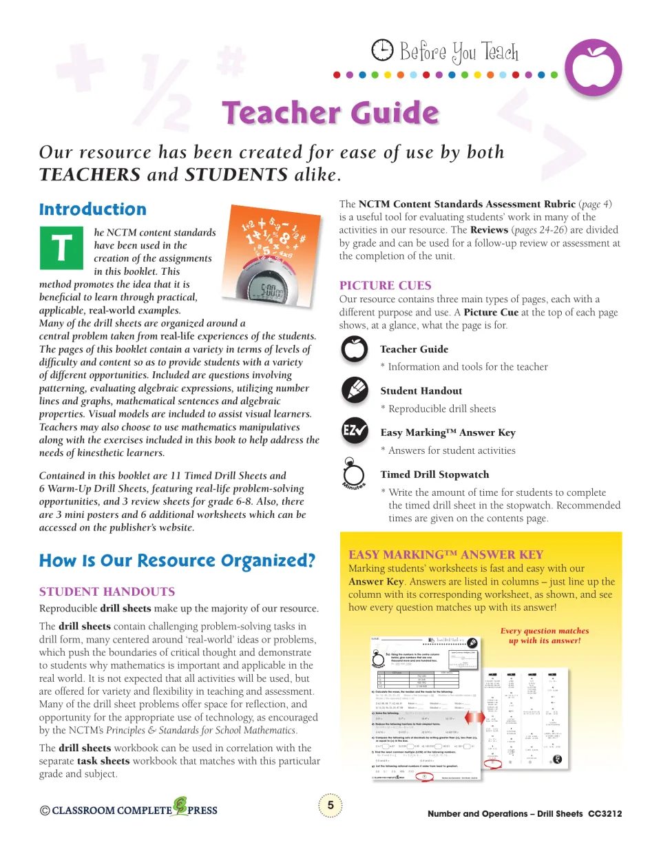 Teacher guide: how the 11 timed and 6 warm-up drill sheets are organized, plus picture cues and the answer key