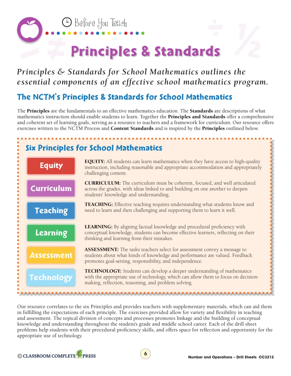 NCTM's six principles for school math: Equity, Curriculum, Teaching, Learning, Assessment and Technology