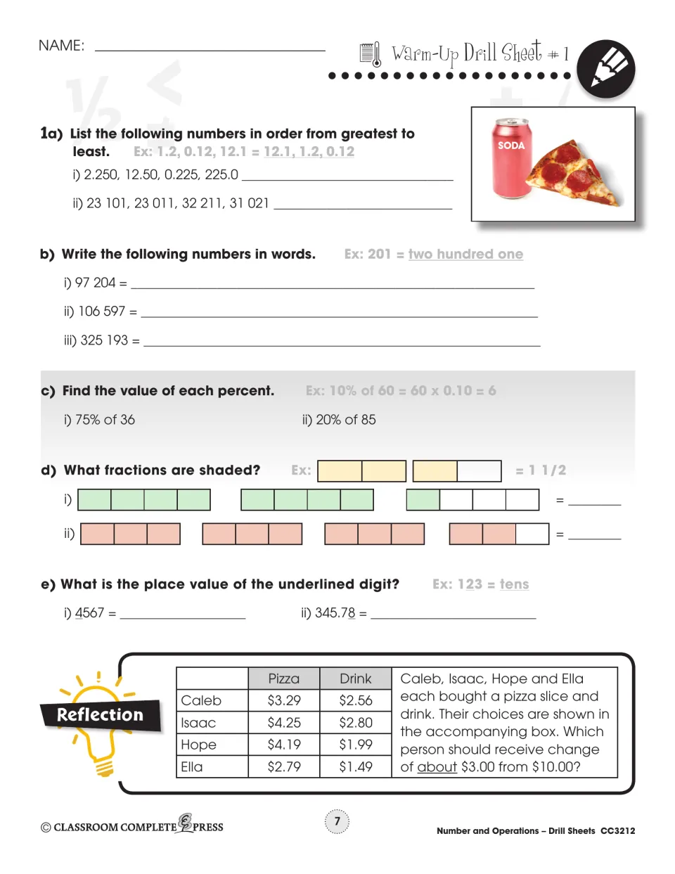 Warm-Up Drill Sheet 1: order numbers, write 97 204 in words, 75% of 36, shaded fractions, pizza price problem