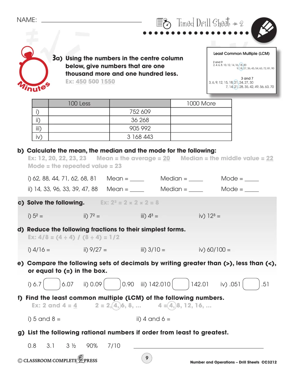 Timed Drill Sheet 2: 1000 more and 100 less, mean, median and mode, powers, simplest form fractions, LCM of 5 and 8