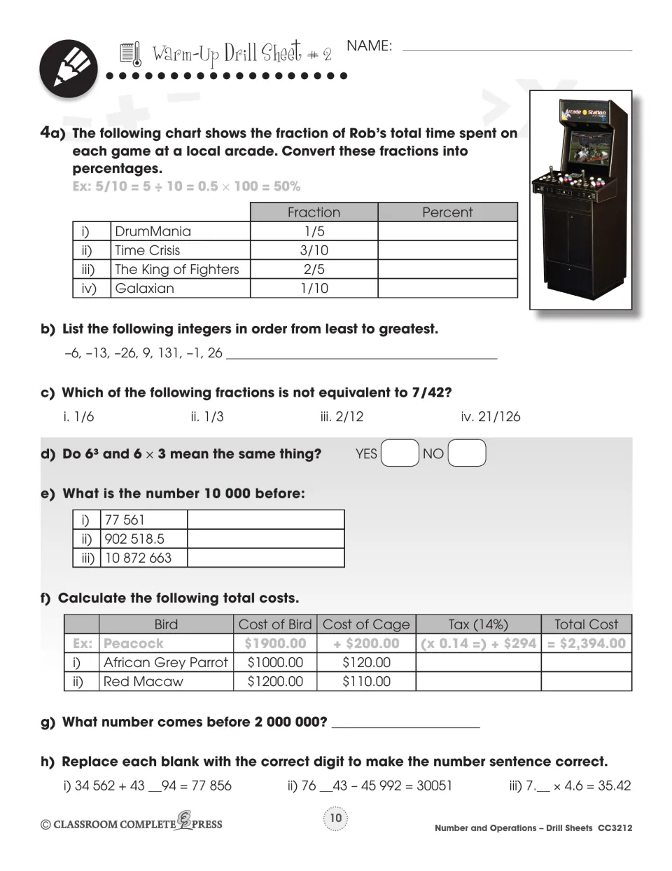 Warm-Up Drill Sheet 2: arcade game fractions to percents, equivalents of 7/42, bird and cage total costs