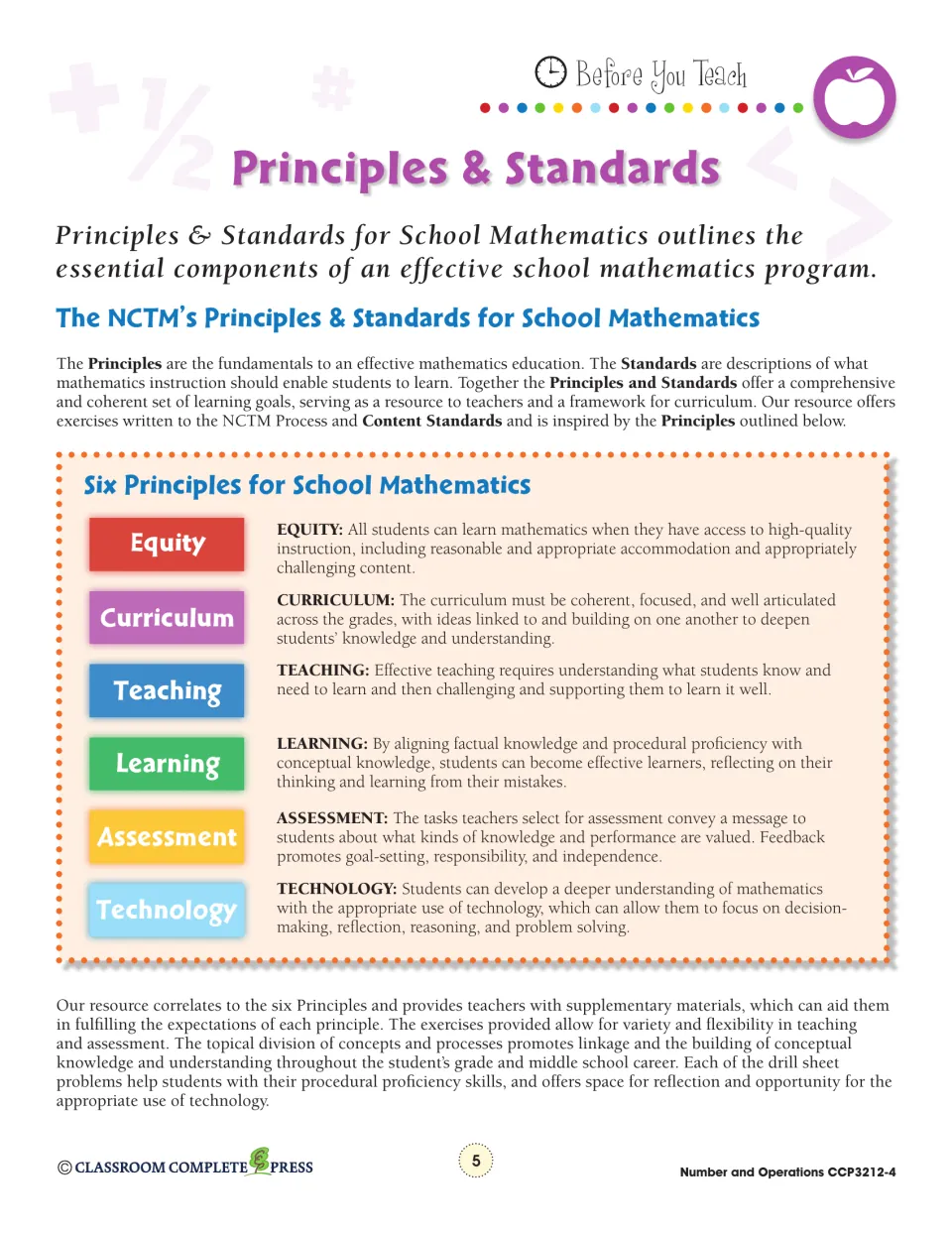 NCTM's six principles for school math: equity, curriculum, teaching, learning, assessment and technology