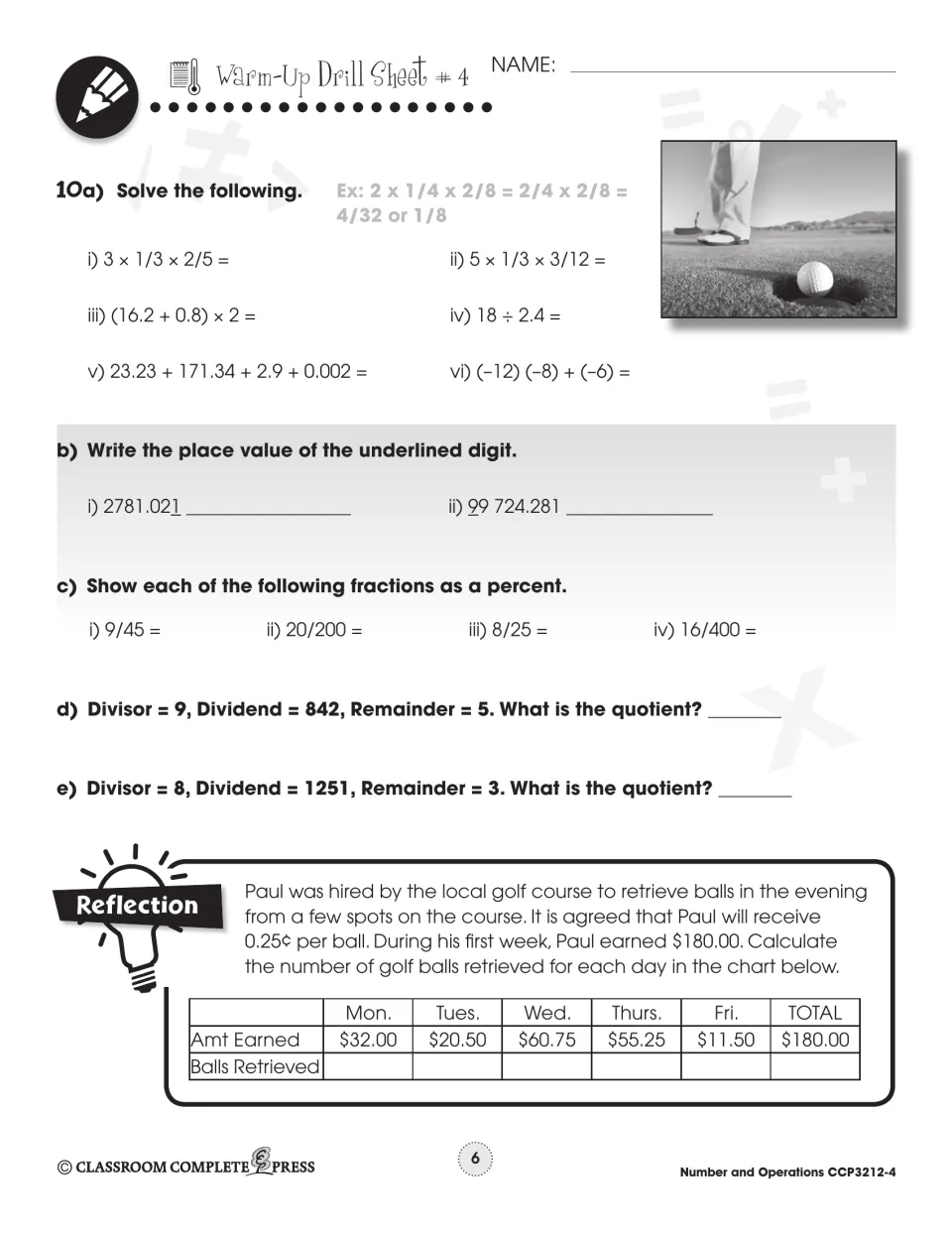 Warm-Up Drill Sheet 4: multiplying fractions, place value, percents, quotients and a golf ball pay reflection