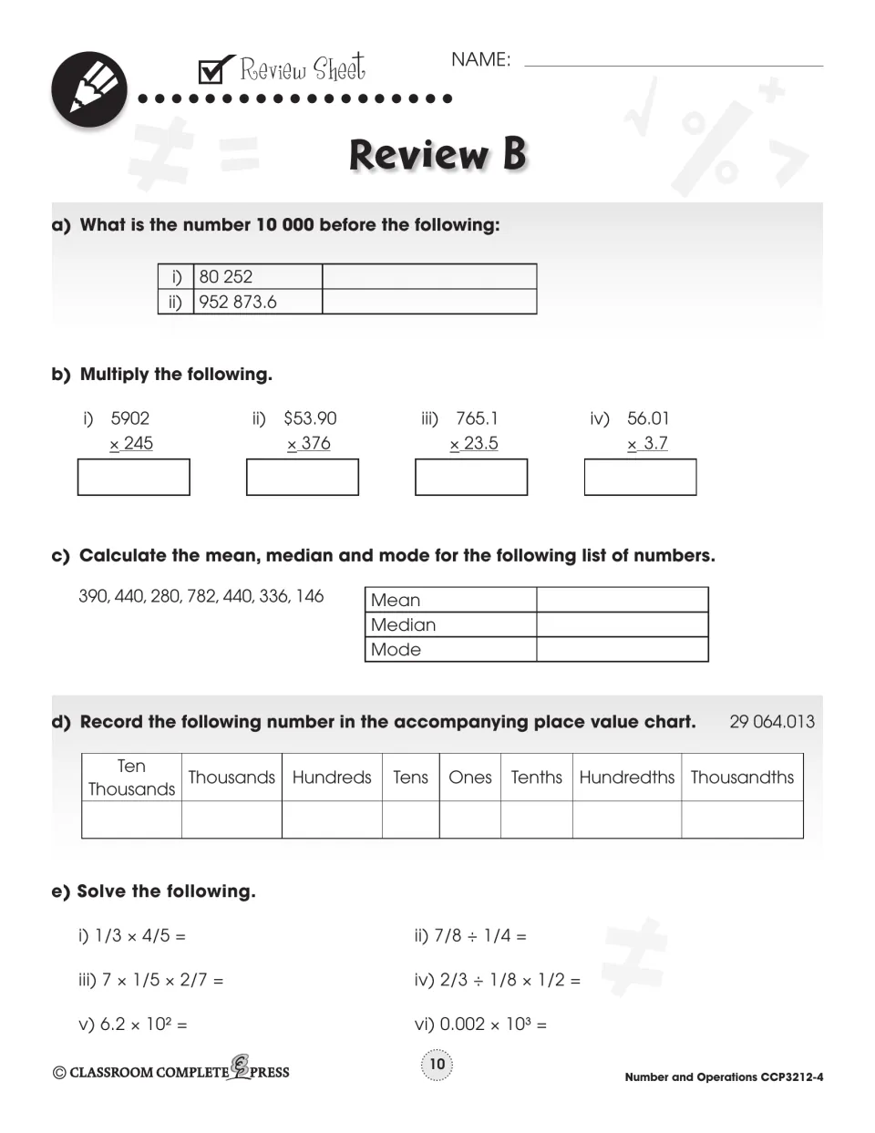 Review B: subtracting 10 000, multiplying, mean, median and mode, a place value chart for 29 064.013, and fractions