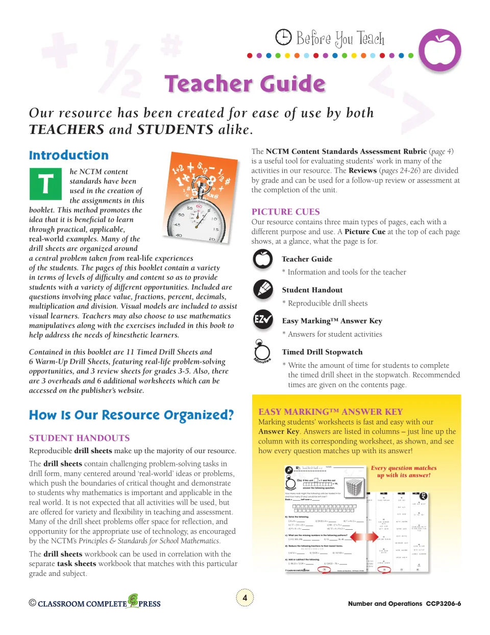 Teacher guide: the full book holds 11 timed drills, 6 warm-ups and 3 reviews; explains picture cues