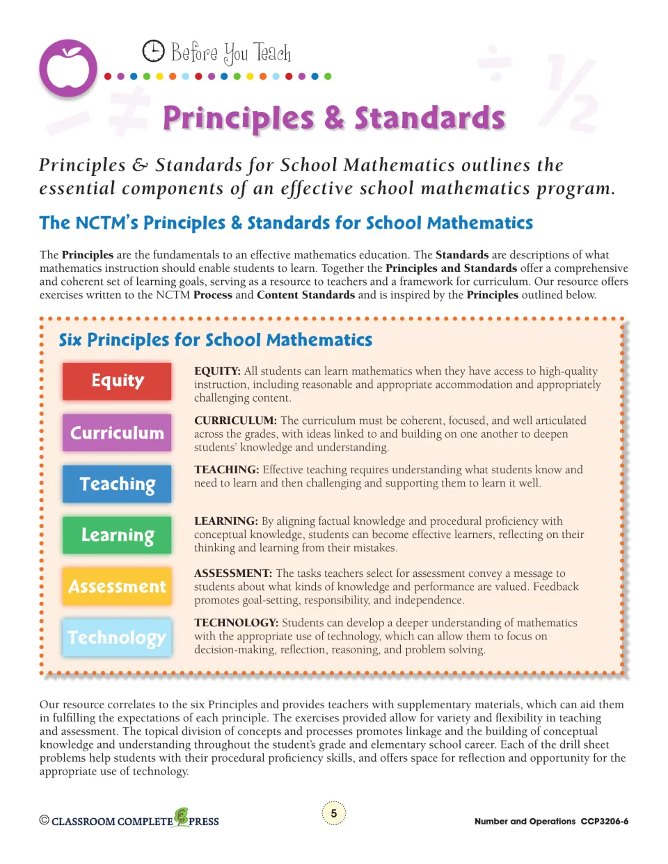 Principles & Standards summary of the six NCTM principles: equity, curriculum, teaching, learning and two more