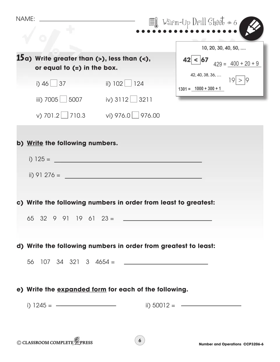 Warm-Up Drill Sheet #6: compare 46 and 37 with >, <, =, order numbers, write out 125, expanded form of 1245