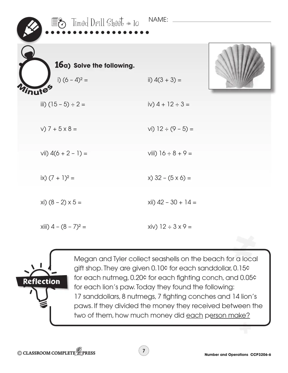 Timed Drill Sheet #10: 14 order-of-operations problems like (6 – 4)² and a seashell money reflection problem