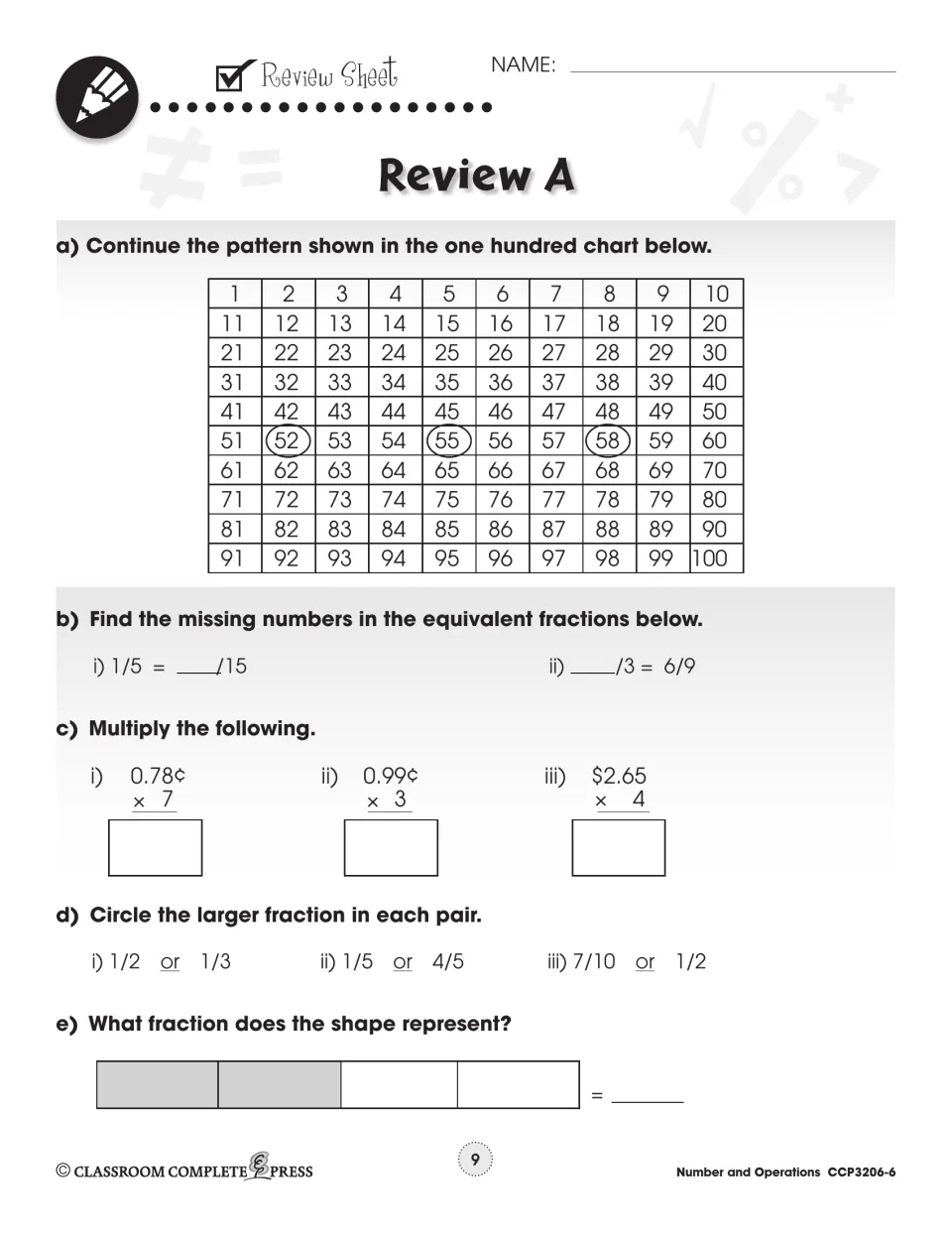 Review A: hundred chart pattern 52, 55, 58, equivalent fractions, multiplying money, naming a shaded fraction