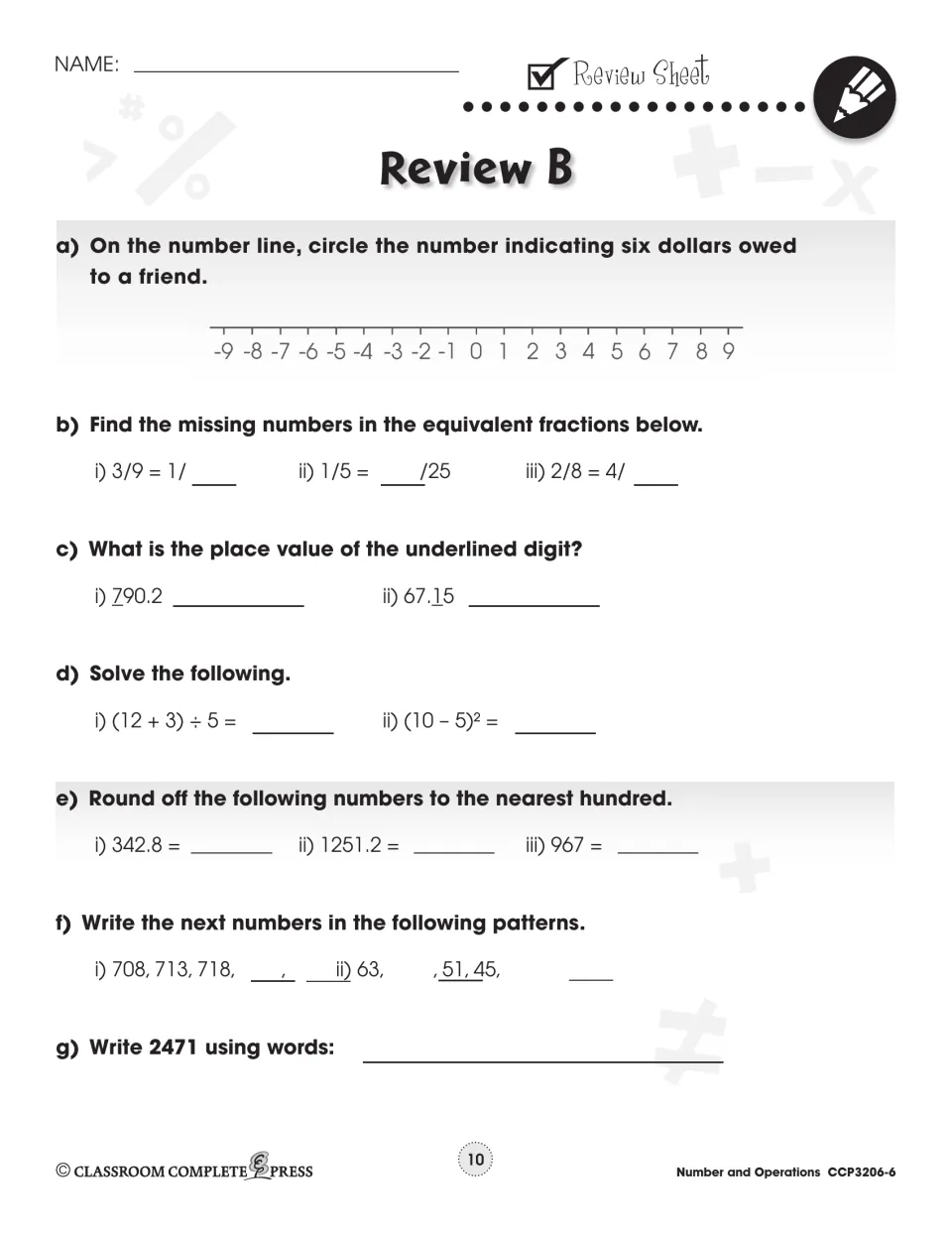 Review B: six dollars owed on a number line, place value, rounding to hundreds, writing 2471 in words