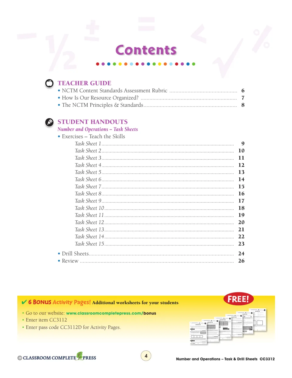 Contents, part 1: teacher guide pages, Task Sheets 1–15 on pages 9–23, drill sheets and review